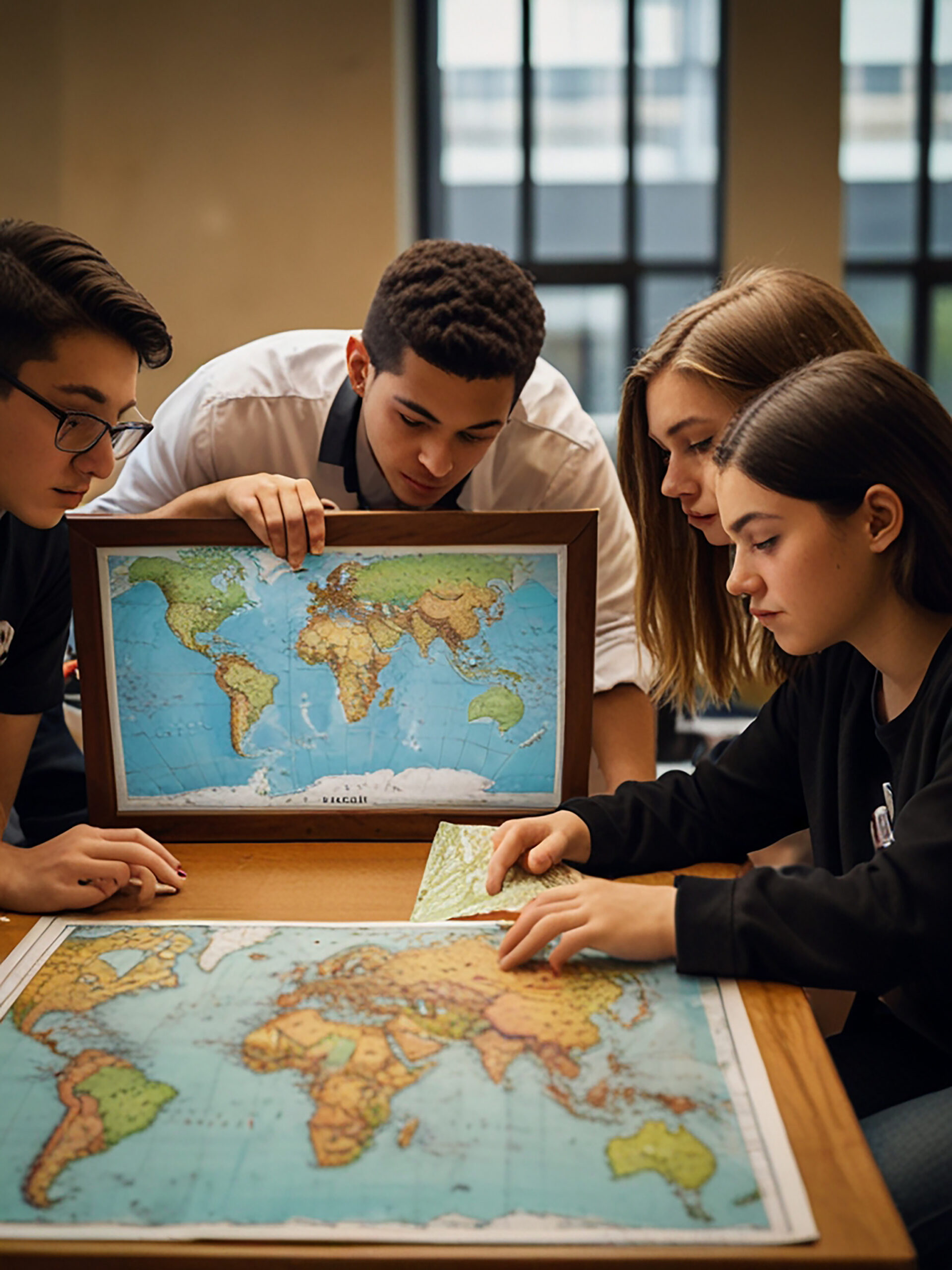 Students looking at a map on a table